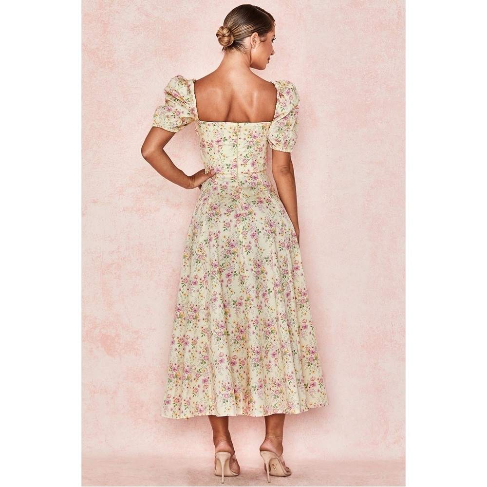 House of CB Tallulah Puff Sleeve Corset Midi Sundress in Lemon Floral - Picture 4 of 14